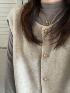 Retro Gold Button Knitted Vest Womens Sleeveless Cardigan Outerwear Beige Layering Top Autumn Commute Style round Neck