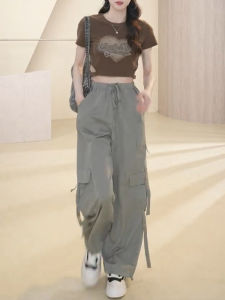 American Retro Parachute Utility Pants High Waist Wide Leg Casual Trousers for Women Summer New Style Elastic Waist Drawstring