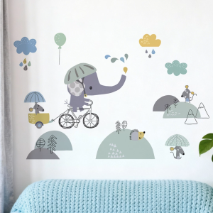 Decal giấy dán tường Voi con đi xe đạp hoạt hình Có keo sẵn - Trang trí phòng bé dễ thương