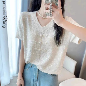 WANGGONGZHU | Princess Style Ice Silk Short Sleeve T-Shirt Womens V Neck Button Design Summer New Fashion Retro Straight Cut Top Shirt