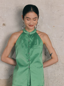 Designer PaleBlueDot Original Chinese Style Green Fruit Color Stand Collar Satin New Fashion Womens Vest Top