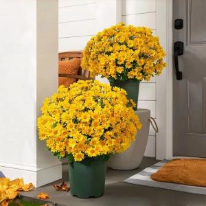 Artificial Sunset Mums Flowers Waterproof Fake Fall Flowers for Outdoor Garden Patio Home Planters Autumn Decorations(5 Bundle)