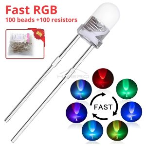 100x Fast Slow Flash RGB Round 3mm Rainbow Multi Color Red Green Blue Emitting Diodes Light Bead Clear 2.0~3.4V LED Lamps Bulbs