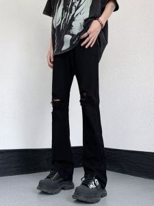 กางเกงยีนส์ทรงตรงสีดำ กางเกงขายาวทรงหลวมสำหรับผู้ชาย กางเกงขายาวทรงหลวมสไตล์อเมริกัน High Street กางเกงขายาวทรงตรงสำหรับใส่ไปเที่ยว