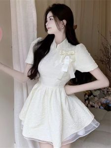 Summer 2024 White Puffy Princess Skirt Womens Dress Waist-Cinching A-line Short Sleeve Flag Dress Collar Salt-and-Sugar Style
