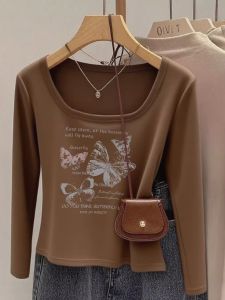 Fashionable Korean Design Butterfly Print Slim Fit Short Sleeve U-Neck T-Shirt for Women Cotton Polyester Blend Long Sleeve