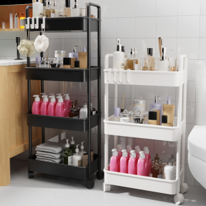 ตู้เก็บของแบบเคลื่อนที่ได้ 5 ชั้น สำหรับห้องน้ำ ห้องนั่งเล่น ชั้นวางของแบบพับได้ ชั้นวางของแบบตั้ง ชั้นวางของแบบติดผนัง สำหรับบ้านและสำนักงาน