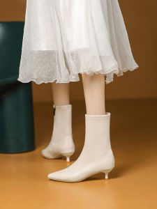 รองเท้าบูทสั้นผู้หญิง ทรงหัวแหลม ด้านข้างซิป ทรงหัวแหลม รองเท้าบูทแฟชั่นฤดูใบไม้ร่วง/ฤดูหนาว รองเท้าบูทหนังสีขาว