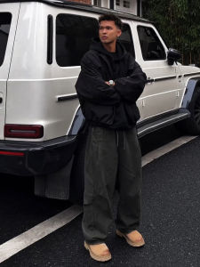 Military Green Folded Blade Mens Pants Autumn Loose Wide Leg American Workwear Straight Sport Casual Long Trousers