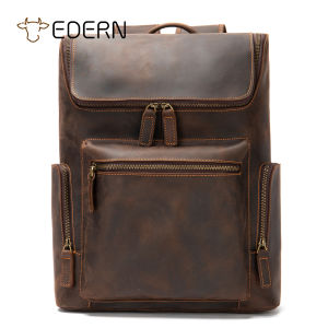EDERN Mens Crazy Horse Leather Backpack Retro Fashion Schoolbag Cowhide Backpacks 15-inch Laptop Bag Large Capacity Travel Knapsack
