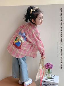 Pink Checkered Thin Cartoon Printed Sweet Shirt