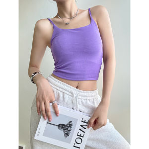 Áo Ba Lỗ Không Dây Màu Tím Kiểu Mỹ Có Đệm Ngực Che Vai Mặc Ngoài Trời Mùa Hè Áo Ba Lỗ Ôm Vừa Vặn Cotton 954%