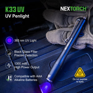 NEXTORCH K33 UV Pen Light 365 nm Black Light Rechargeable Pocket Flashlight with Black Glass Filter & 1300 mW for Resin Pet Urine Detection Evidence Collection Authentication Hygiene Inspection