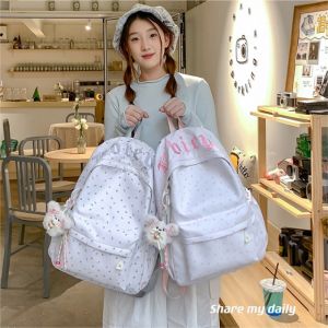 clu Womens Nylon Polka Dot Backpack with Bow and Bunny Charm High-end School Bag for Girls ulc