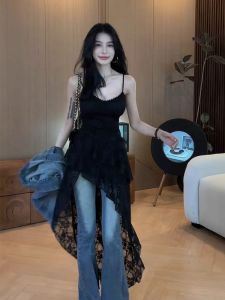 ชุดเดรสเกาะอกลายลูกไม้สีดำ ทรงเข้ารูป สายเดี่ยว ชุดไปเที่ยวชายหาด กระโปรงทรงบาน เอวสูง ผ้าโพลีเอสเตอร์ ไร้ตะเข็บ