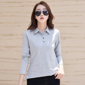 Lapel Long Sleeve Polo Shirt for Women Cotton Solid Color Simple Womens Blouse Workwear Tee Button All-matching Polo Collar T-shirt Casual Fashion Ladies Top