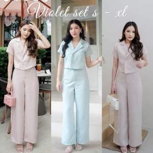 VIOLET SET - SHP_HAPPY ชุดเซทเสื้อคอปกแขนสั้นกางเกงขายาวผ้าทวีตสุดเรียบหรู