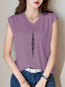 Loose Cotton V-Neck Sleeveless T-Shirt Korean Style Summer New Fashion Slimming Short Sleeve Top for plus Size Women