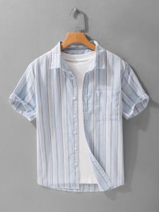 Color Woven Stripe Short Sleeve Casual Shirt Mens Summer Thin Breathable Loose Fit Fashionable Turn Collar Trendy Button down