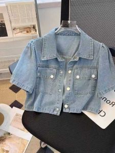 Summer French Style Cropped Denim Top Womens Puff Short Sleeve Outwear Small New Arrival Thin Shirt Outerwear Shirt Fashion