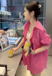 Loose Womens Pink Shirt Spring Summer New Design Sensation Small Audience Lazy Style Blouse Korean Version POLO Collar Long Sleeve