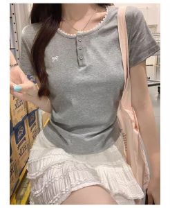 Womens Korean gray lace lace positive shoulder short-sleeved t-shirt comfortable casual pleated card waist bow Slim short tops