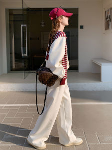 Anti-Aging Grey Sweatshirt Set Womens Casual Striped Three-Piece Suit Spring 2025 Long Sleeve round Neck Polyester Fiber