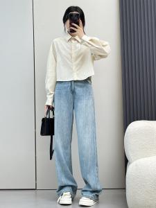 Summer Womens Long Sleeve Short Shirt Loose Casual Academy Style Top Pure Color Commute Flip Collar Shoulder Insertion Polyester Fiber