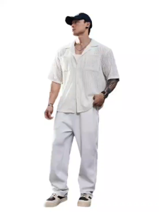 HLS&Huilishi Men Breathable Vertical Hollow Mesh Shirts Loose Cuban Lapel Dual Chest Pocket Sheer Summer Casual Overshirt