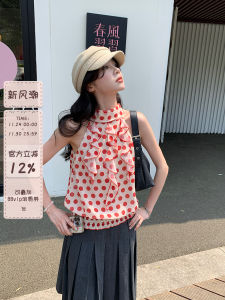 Sinbounboun Womens Vintage Style round Neck Polka Dot Sleeveless Hanging Neck Vest Short Length Casual Outfit Top