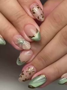 Short Medium fake nails for women Nude golden green shimmer nail tips oval almond shape flora design full cover press on nails