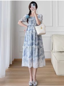 Bộ Váy Mùa Hè Cho Bà Bầu Áo Sơ Mi Voan Rộng Tay Ngắn Họa Tiết Hoa Váy Midi Dài Thanh Lịch Mới Cho Phụ Nữ Mang Thai