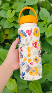 Bình Giữ Nhiệt Hoa Vintage Sang Trọng Dung Tích Lớn 1000ML Inox 304 Có Quai Xách Tiện Lợi _Nắp vàng