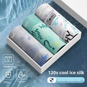 Miiow | Ice Silk Seamless Boxer Shorts For Men Breathable Flat Angle Summer Underwear Youth Cartoon Print Comfortable Nylon Fabric
