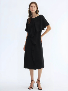 AMII | V-Neck Mesh Ruffle Black Dress