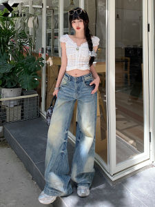 กางเกงยีนส์ทรงหลวมขาตรงเอวกลางสไตล์อเมริกันสำหรับผู้หญิงในฤดูร้อนปี 2025 กางเกงขายาวทรงขากว้างทรงสลิมฟิต