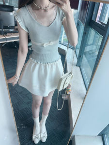 Cramywet ชุดเสื้อสเวตเตอร์ถักแขนสั้นผู้หญิง ผ้าขนสัตว์บาง กลิ่นหอม ปมผีเสื้อ ขอบลูกไม้ หวาน สไตล์ฤดูร้อน 2025