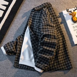Houndstooth Classic Style Woolen Coat for Men Fancy Trendy Handsome Japanese-Style Retro Loose Casual Workwear Jacket