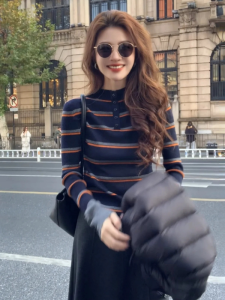 HUOLISI | Sweater Innerwear Office Chic Half-high Neck Striped Long-sleeve Knitwear