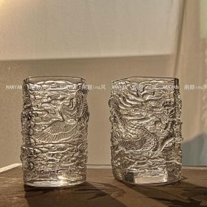 Chinese Style Dragon And Phoenix Blessing Glass Cup for Whiskey And Chinese Tea Classic round Shape High Quality Ordinary Glass