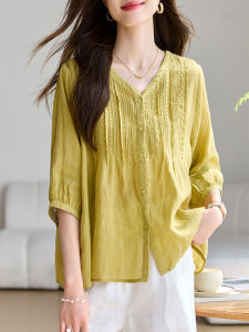 เสื้อยืดคอวีแขนสั้นปักลายผ้าลินินผสมฝ้ายระดับไฮเอนด์สำหรับผู้หญิง ทรงหลวม แขนสั้น ทรงเข้ารูป สไตล์ทำงาน