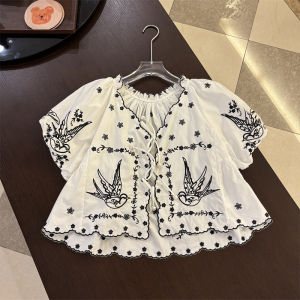 Spring Cotton Embroidered Doll Shirt And High Waist Skirt Set Vintage Style Bubble Sleeve V Neck UV Protection Short Sleeve