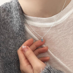 925 Sterling Silver Love Heart Necklace for Women Girl Black Drop Glaze Bow Knot Bead Jewelry Sweet Gift Dropshipping