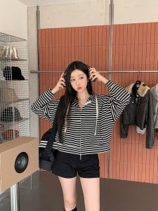 Lazy Hat Stripe Open Cardigan Jacket Womens Loose Casual Top Spring Autumn New Style Pencil Berries Striped Korean Version