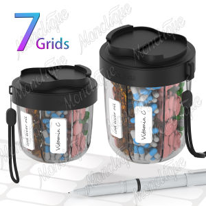 7 Compartment Pill Organizer Dispenser Travel Weekly Pill Case with Anti-Mix Design 20 Labels Portable Supplement Container M/L