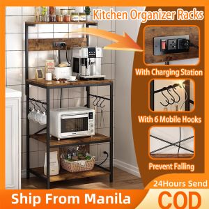 Kitchen Storage Rack Organizer With Charging Station 4 Layers Kitchen Racks Organizer Heavy Duty Coffee Bar Table Plant Display Rack For Garden Space Saver Kitchen Microwave Stand With 6 S-Shaped Hooks For Home Office Warehouse