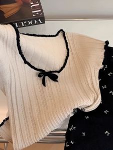 Khaki Butterfly Knot Color Block Lace Knitted Short Sleeve T-Shirt Women Summer New Tight Spicy Short Style Top Korean Version