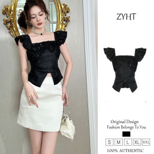 ZYHT เสื้อเบลาส์ผู้หญิงเสื้อแขนกุดเสื้อท๊อปเสื้อปักเลื่อมเสื้อสีดำหรูหราเสื้อกันหนาวแบบสวมหัวเสื้อฝรั่งเศสเสื้อที่น่าดึงดูด91641