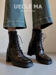 Leather Martin Boots Womens High Heel Short Boots British Style Cool Soft Surface Cross Buckle Winter Thin Booties