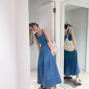 ชุดเดรสยาวผู้หญิงสไตล์ฝรั่งเศส ทรงเข้ารูป แขนกุด คอเหลี่ยม ผ้าฝ้ายผสมขนสัตว์ ชุดเดรสยาวสีน้ำเงิน